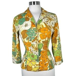 Jean Nassaus Vintage Mod Floral Button Up Shirt 2 Orange Green Long Sleeve Top